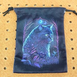 Mystic Blue Cat Drawstring Black Velvet Travel Pouch Bag Tarot Magic Wicca 5"x7"